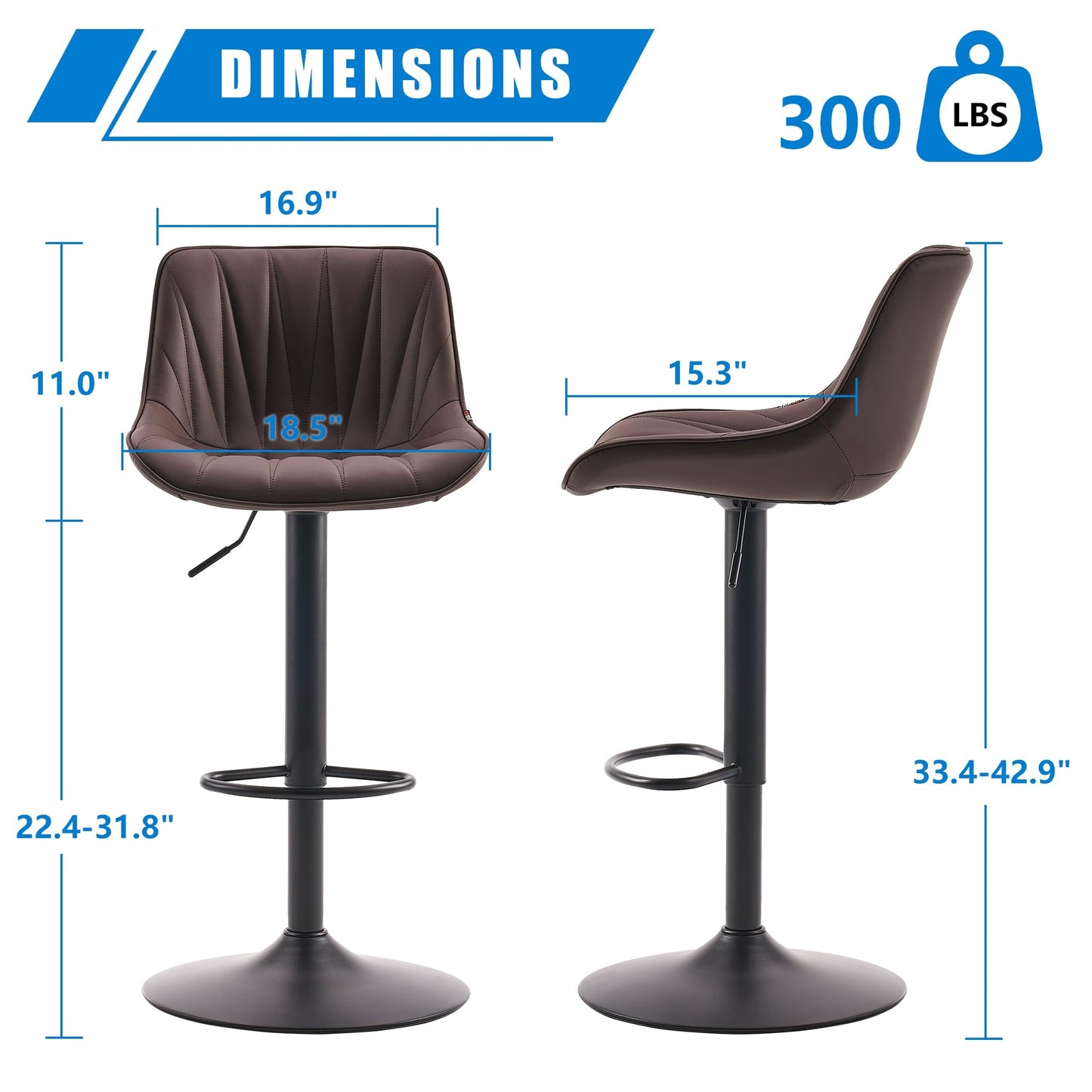 YOUNIKE Bar Stools Set of 2 Dark Brown, Faux Leather Padded Bar Stool Counter Height Swivel Bar Chairs, Adjustable Barstools with Back for Kitchen Island, Modern Tall Bar Stools