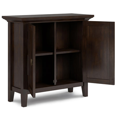 SIMPLIHOME Redmond Storage Cabinet - 32 inch Wide Solid Wood 2-Shelf Low Storage Cabinet in Brunette Brown, Transitional Accent Cabinet for Entryway with Adjustable Shelves and Tapered Legs