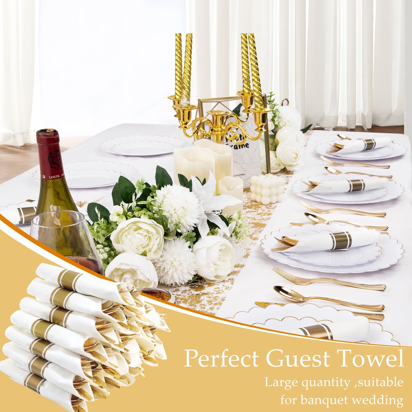 Supernal 120Pack Gold Plastic Silverware Wrapped Plastic Cutlery Set with Napkin,Pre Rolled Napkins with Cutlery Set,Rolled Silverware Disposable For Valentine's Day Mother's Day and Easter