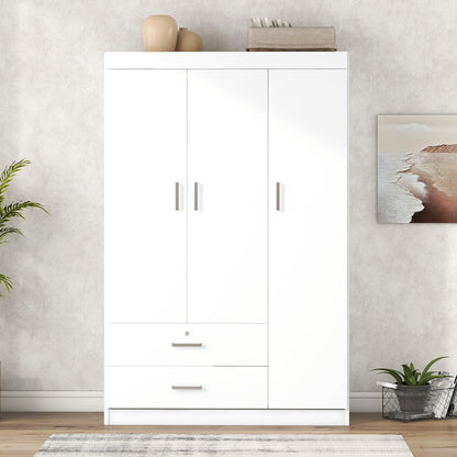3 Door Wardrobe Cabinet Closet with Storage Drawers, Shelves and Hanging Rail for Clothes, Bedroom Organizer