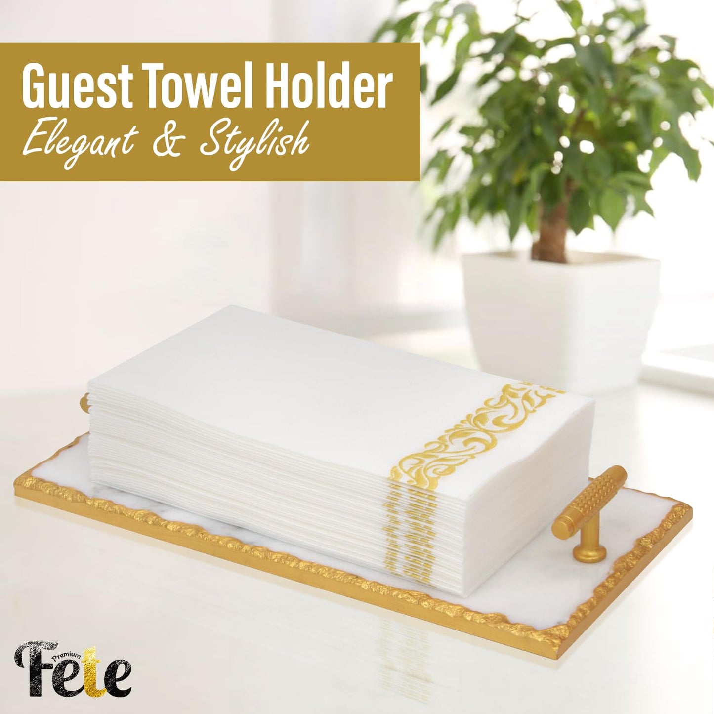 Guest Towel Holder Tray for Bathroom - Premium Marble Tray with Gold Rim - Bathroom Hand Towel Tray, The Perfect Vanity Tray for Bathroom. Ideal Valentines Day Gift.