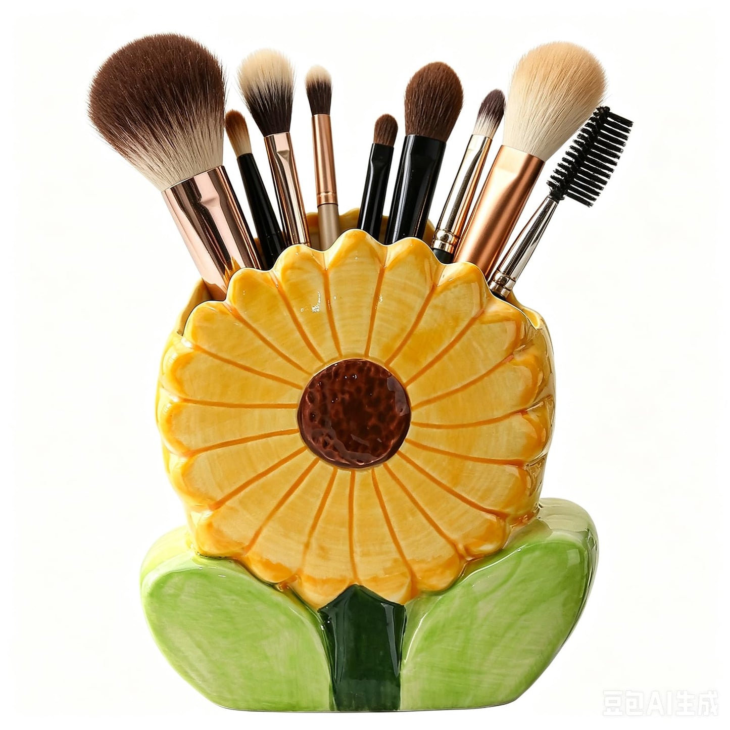 Ceramic Flower Makeup Brush Holder for Women Girls, Cute Pen Pencil Cup Pot for Desk Organizer, Bathroom Toothbrush Holder Home Office Decor (Yellow Sunflower)