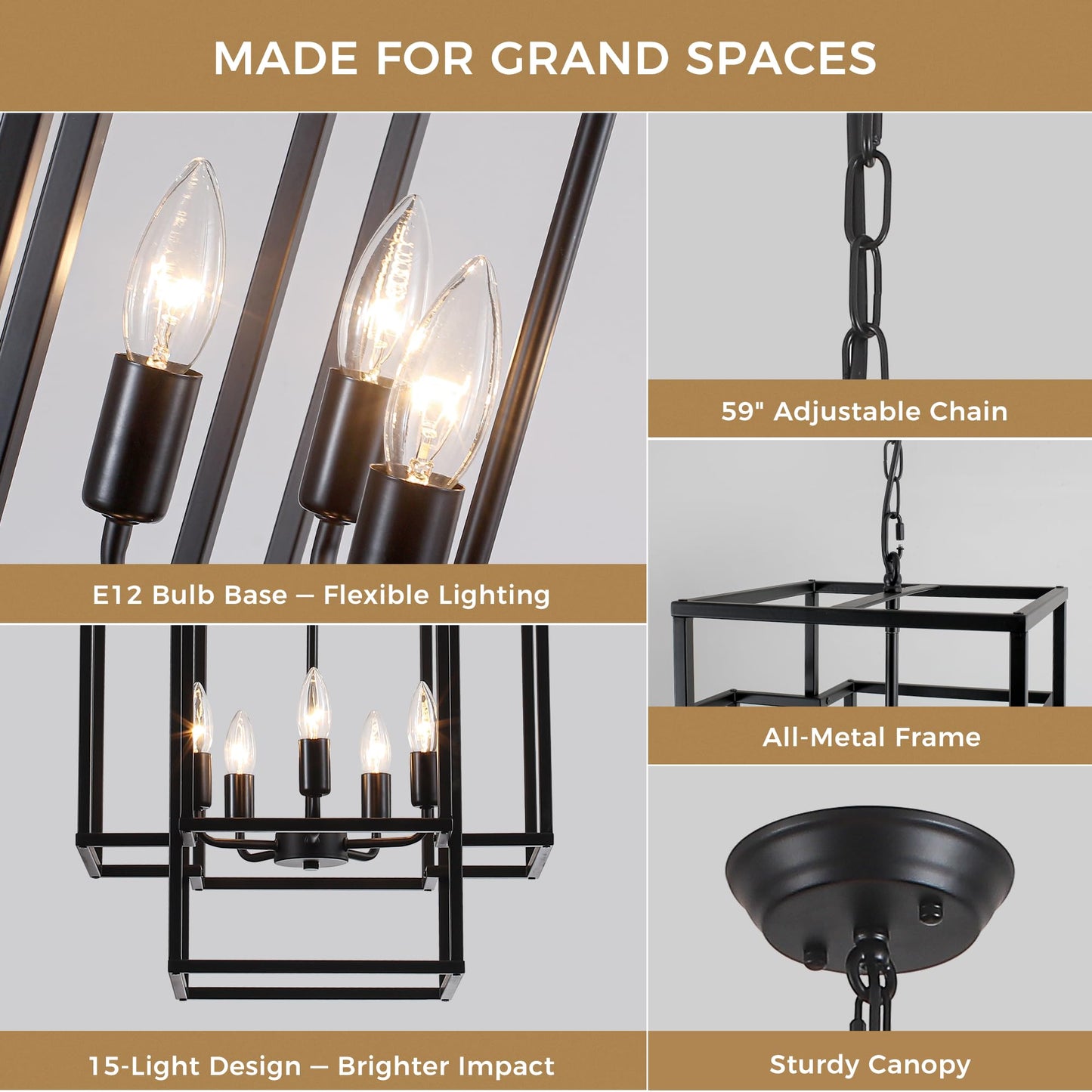 Xuridongsheng 15-Light Lantern Chandelier for Foyer Large Black High Ceiling Chandelier with 3-Tier Candle Design, Modern Farmhouse Entryway Lighting Fixture for Staircase, Two Story Living Room, E12