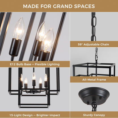 Xuridongsheng 15-Light Lantern Chandelier for Foyer Large Black High Ceiling Chandelier with 3-Tier Candle Design, Modern Farmhouse Entryway Lighting Fixture for Staircase, Two Story Living Room, E12