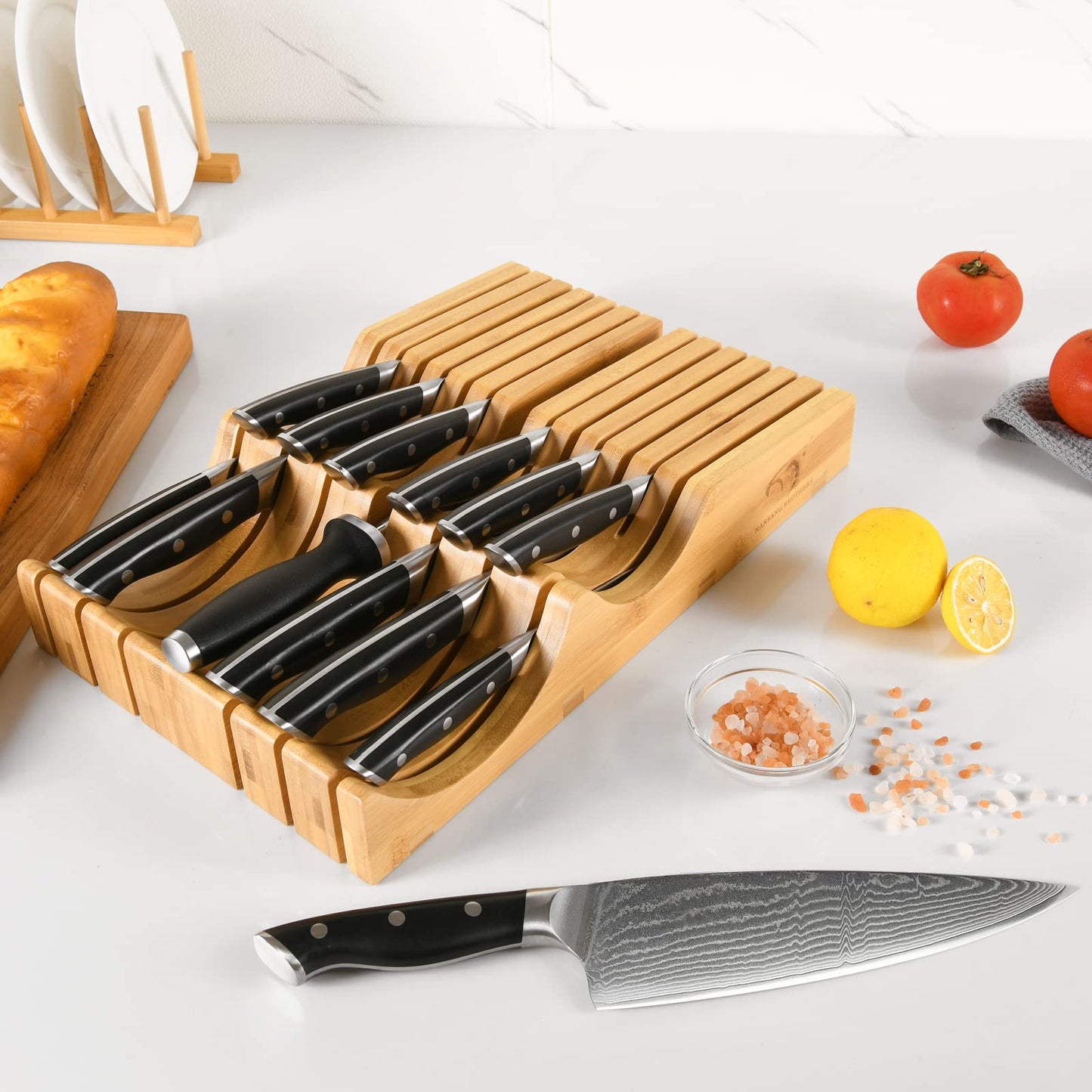 In-Drawer Knife Block with 12 Pieces Japanese Damascus Knives and Sharpener, Bamboo Knife Drawer Organizer with 67-Layer Damascus Steel, Slots for 13 Knives Kitchen Drawer, Counter Top