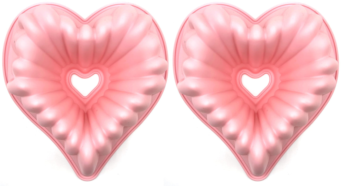 Kundalini Heart Shaped Cake Pan, 2PCS 9 Inch Heart Fluted Tube Cake Pans, Nonstick Silicone Cake Molds for Making Wedding, Valentine's Day and Family Cakes