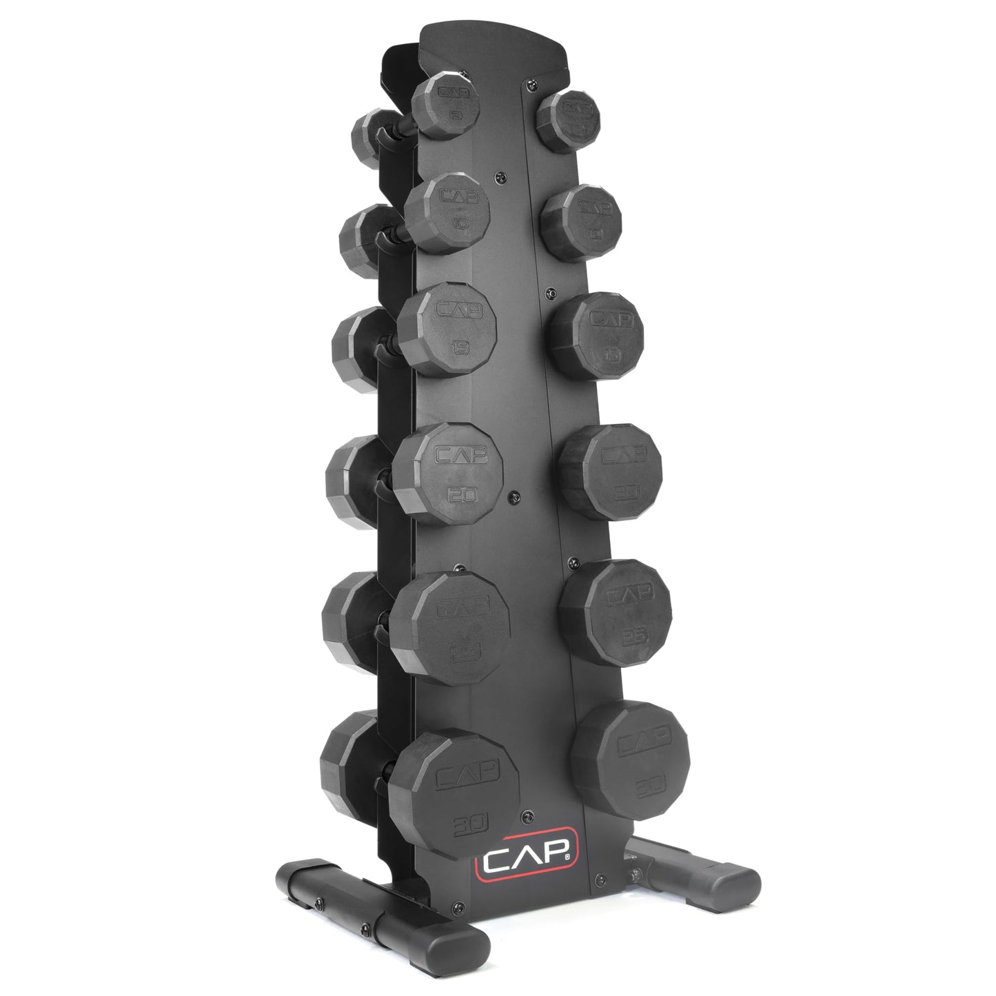 CAP 210 lb Rubber Coated 12-Sided Dumbbell Set with Vertical Rack, Space-Saving Storage for Home Gym Strength Training, Black Handle, Black Rack