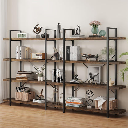 OtterOasis Bookshelf Set, Heavy Duty 4-Tier Industrial Bookcase, 47" Wide Wood Bookshelf for Home Office, 120lbs Shelf Capacity, Rustic Open Display with Horizontal Shelf for Living Room Bedroom