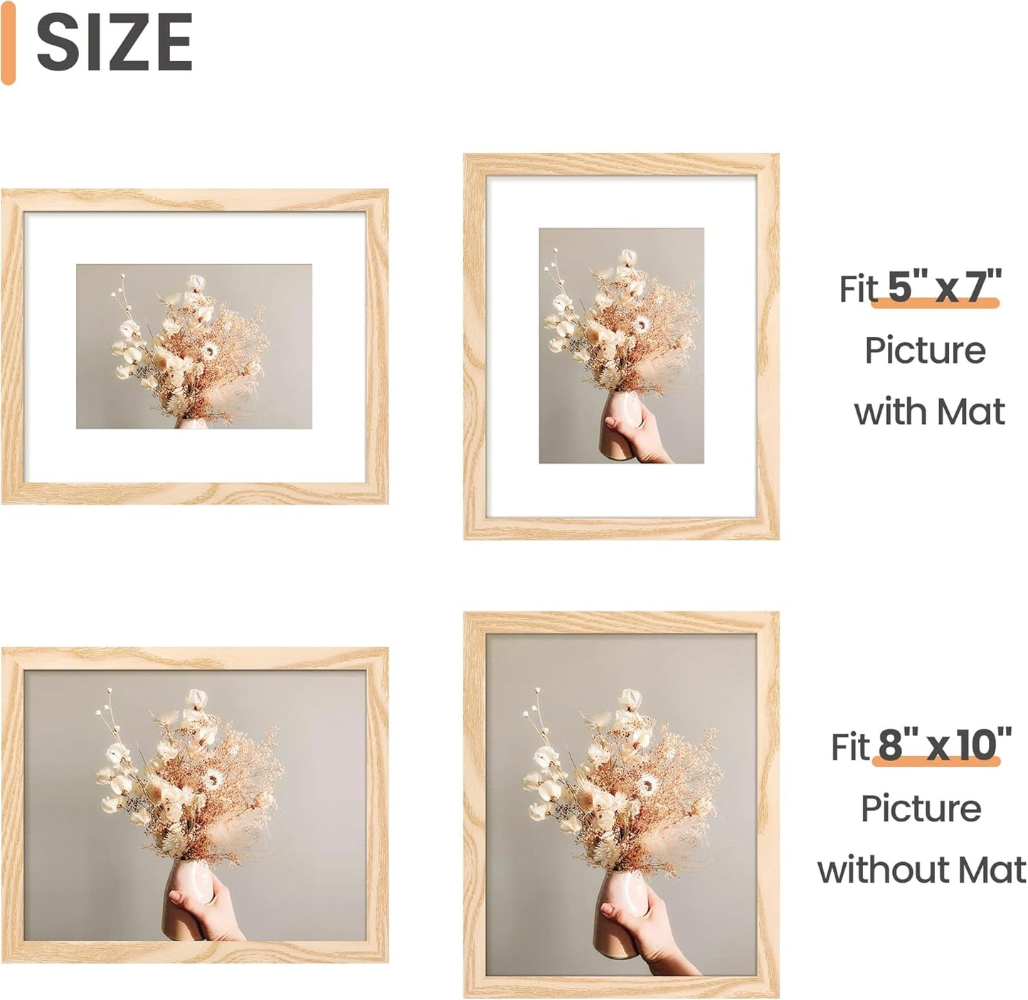 Upsimples 8x10 Picture Frame Set of 5 - Versatile Wall Gallery Frames for 5x7 or 8x10 Photos - Natural Finish