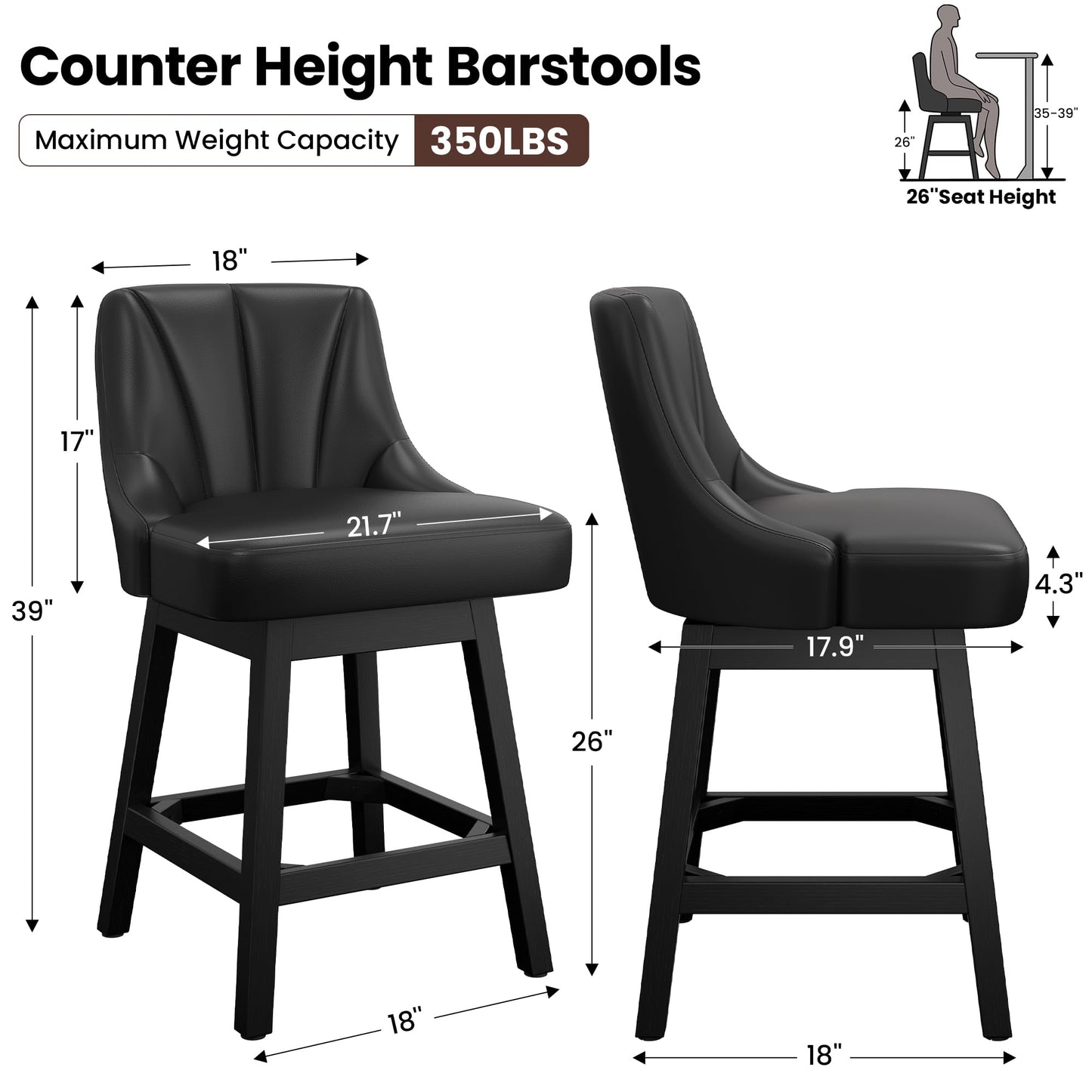 REONEY Swivel Bar Stools Set of 4, 26inch PU Leather Upholstered Counter Height Barstools, Modern Kitchen Island Chairs with Back and Solid Wood Legs for Home Bar, Black