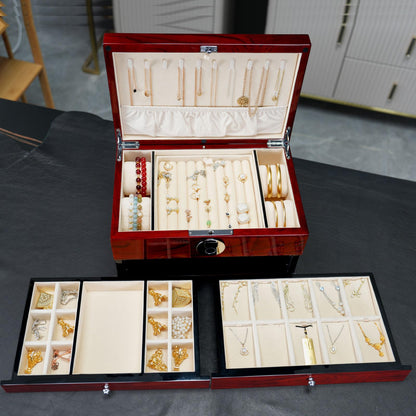 SYENS Wood Jewelry Box for Women, 3-layers Large Jewelry Storage Box&Organizer Fingerprint Lock, Drawers Full Locking, Mother Gifts (3L-RS)