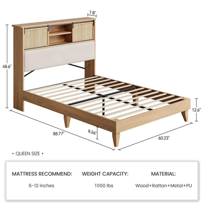GarveeHome Queen Size Solid Wood Bed Frame with Storage Headboard, Rattan Upholstered Bookcase Headboard with Sliding Doors & Charging Station, No Bos Spring Needed