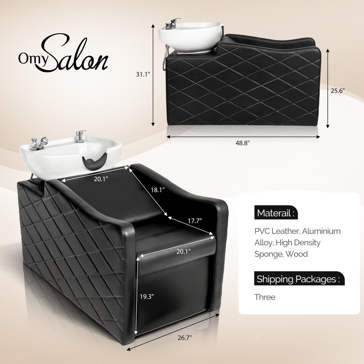 OmySalon Shampoo Bowl and Chair Set for Salon, Hair Washing Station with Ceramic Shampoo Sink, UPC Certificated Vacuum Breaker, Neck Rest, Backwash Shampoo Unit for Barbershop Beauty Spa