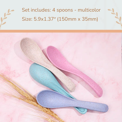 Wheat Straw Travel Spoon Set, 4 Camping Utensils, Portable Silverware for Lunch Box, Eco Friendly Reusable