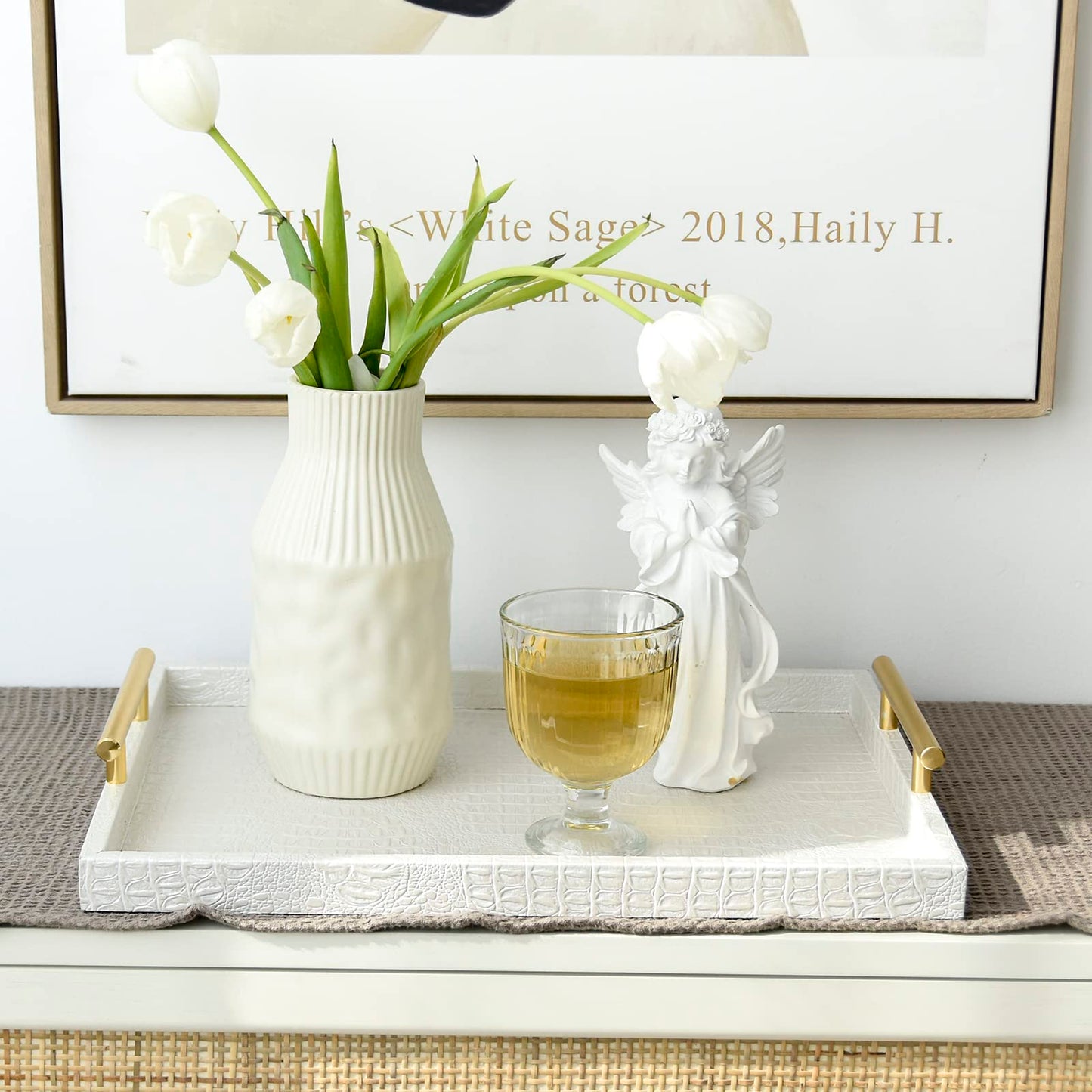 MACVAD Set of 2 Modern Elegant Large Wood Serving Tray, Rectangle Decorative Tray Ottoman Tay Coffee Table Tray, Pearl White Crocodile Leather with Gold Polished Metal Handles