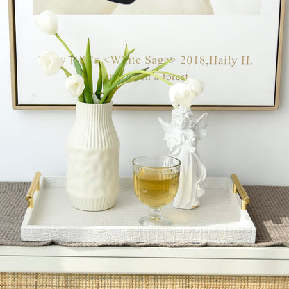 MACVAD Set of 2 Modern Elegant Large Wood Serving Tray, Rectangle Decorative Tray Ottoman Tay Coffee Table Tray, Pearl White Crocodile Leather with Gold Polished Metal Handles