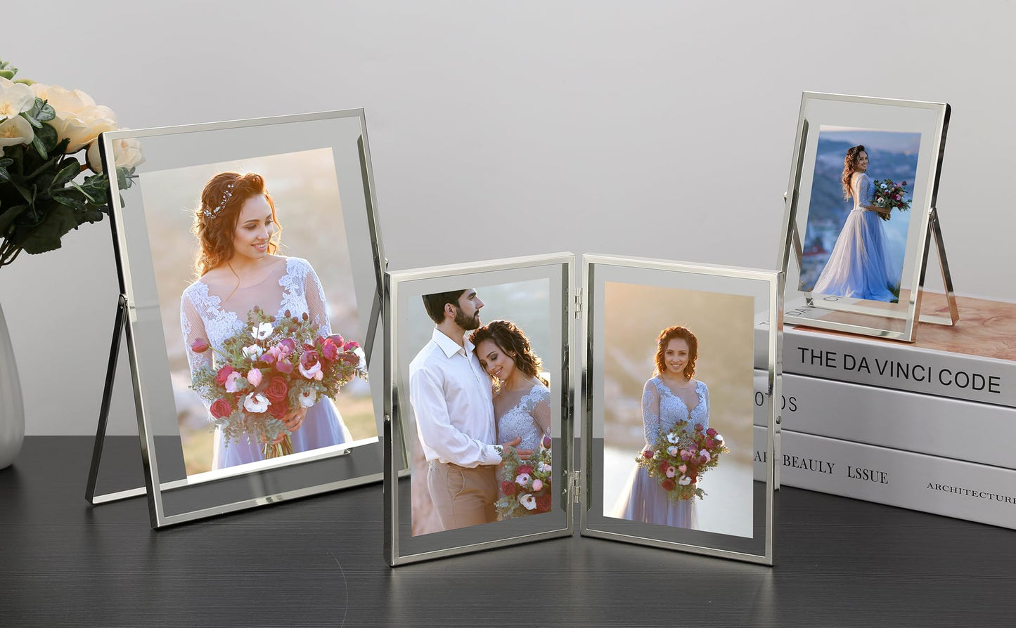 Silver 5x7'' Floating Frame Set of 2, For Photo Sizes ( 3.5x5'', 4x 6''), Silver Plated Metal Frames 5x7'' for Tabletop/Shelf Display, Classy Gift Choice for Wedding, Thanksgiving, Christmas,Birthady.