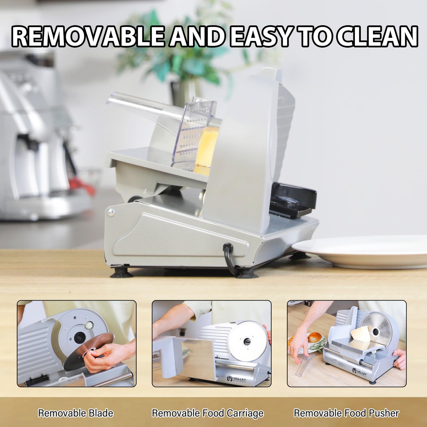 Valley Sportsman Meat Slicer Machine for Home - Electric Food Slicer with 7.5" Stainless Steel Blade, Adjustable Thickness Deli Slicer Cuts Meat, Bread, Cheese, Easy to Clean, Sliver