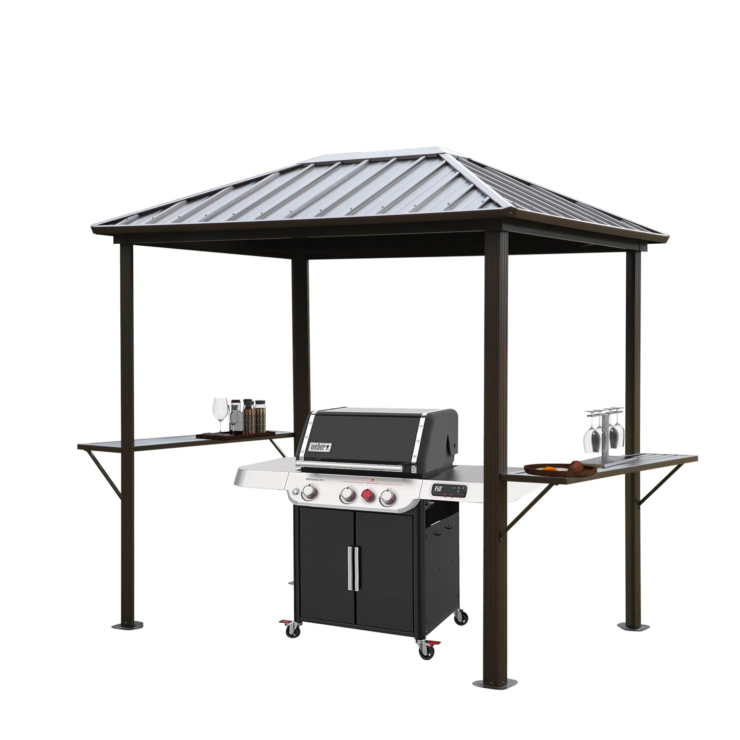 Grill Hardtop Gazebo Outdoor Metal Hard Top Gazebo, Permanent BBQ Gazebo with Galvanized Steel,Aluminum Framed Pavilion with Shelves for Patio Backyard Lawn Garden, Patio, Backyard Single Roof
