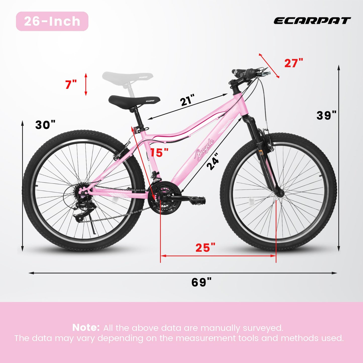 HIWORK Mountain Bike 26 Inch, High Density Carbon Steel Frame Girls Bike with 21-Speed Front Suspension Dual V-Brakes, Bike for Teenagers Girls Womens Bicycle | Pink