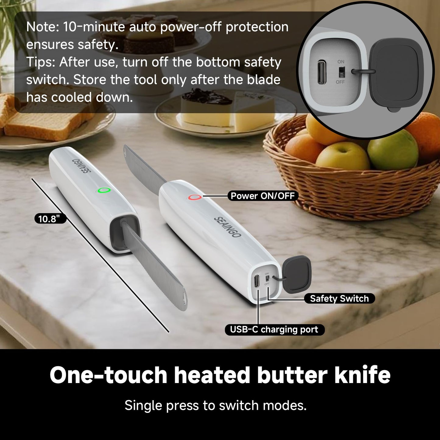 SEAINGO Heating Butter Knife Spreader - Rechargeable, Electric, Cordless, Heats up in 6 Seconds, Nonstick Stainless Steel Blade, ON/OFF Safety Lock Switch, 2 Warming Mode Can Quickly Melt Cold Hard Butter, Coconut Oil, Cream, Jam, Mustard, for Kitchen Res