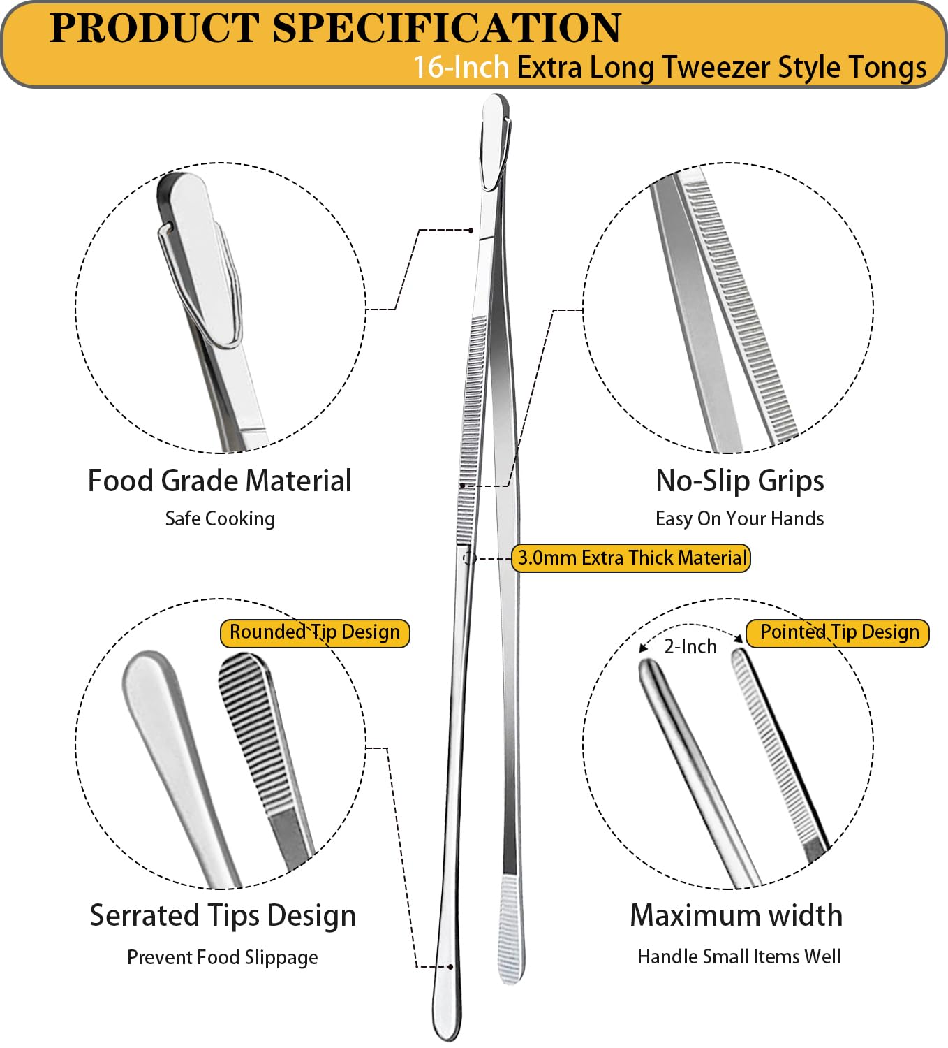 JETKONG 2 Pcs 16-Inch Kitchen Tweezers Extra Long Tweezer Tongs, Heavy Duty Stainless Steel Cooking Tweezers (Silver)