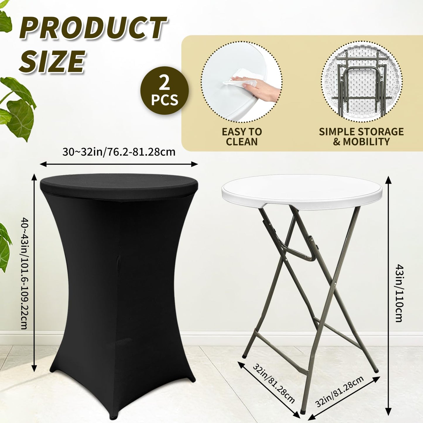 Sowhatsowoo 2 Sets 32" High Top Round Folding Cocktail Tables White Bar Height with Removable Legs & 32"x43" Spandex Stretch Black Table Covers Hightop Table for Outdoor Indoor Wedding Parties