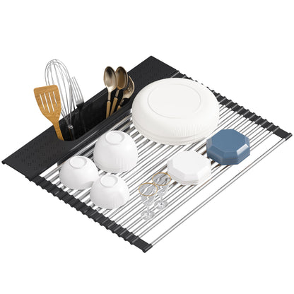 KEGFRES Roll Up Dish Drying Rack Over Sink, 17.5" x 15.2" Foldable SUS304 Stainless Steel Kitchen Dish Drainer, Heat-Resistant Multipurpose Rolling Sink Rack Organizer,Black
