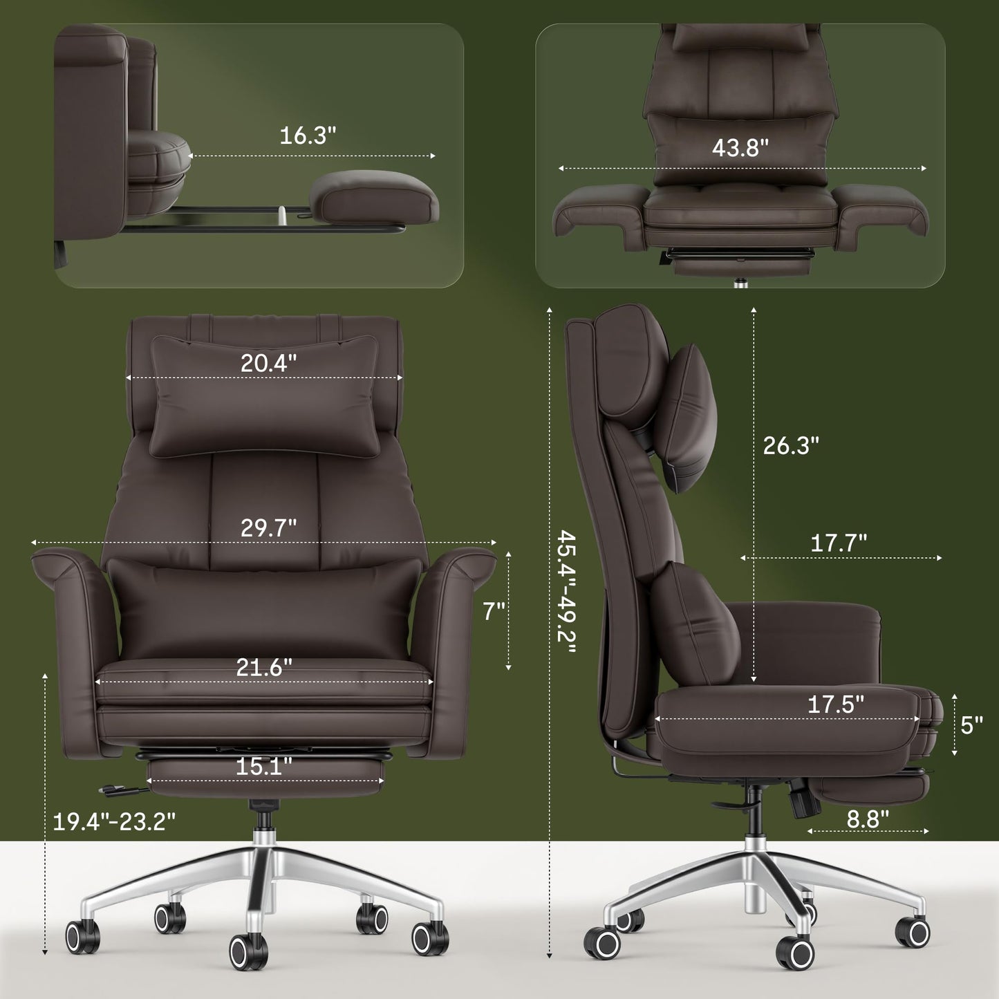 FLEXISPOT Oversized Big and Tall Office Chair, 180° Flip Armrests for Pets&Cross Legged, Computer Desk Chair with Footrest, Lounge Chairs for Home Office Gaming Working, ScratchSafe Air Leather, Brown