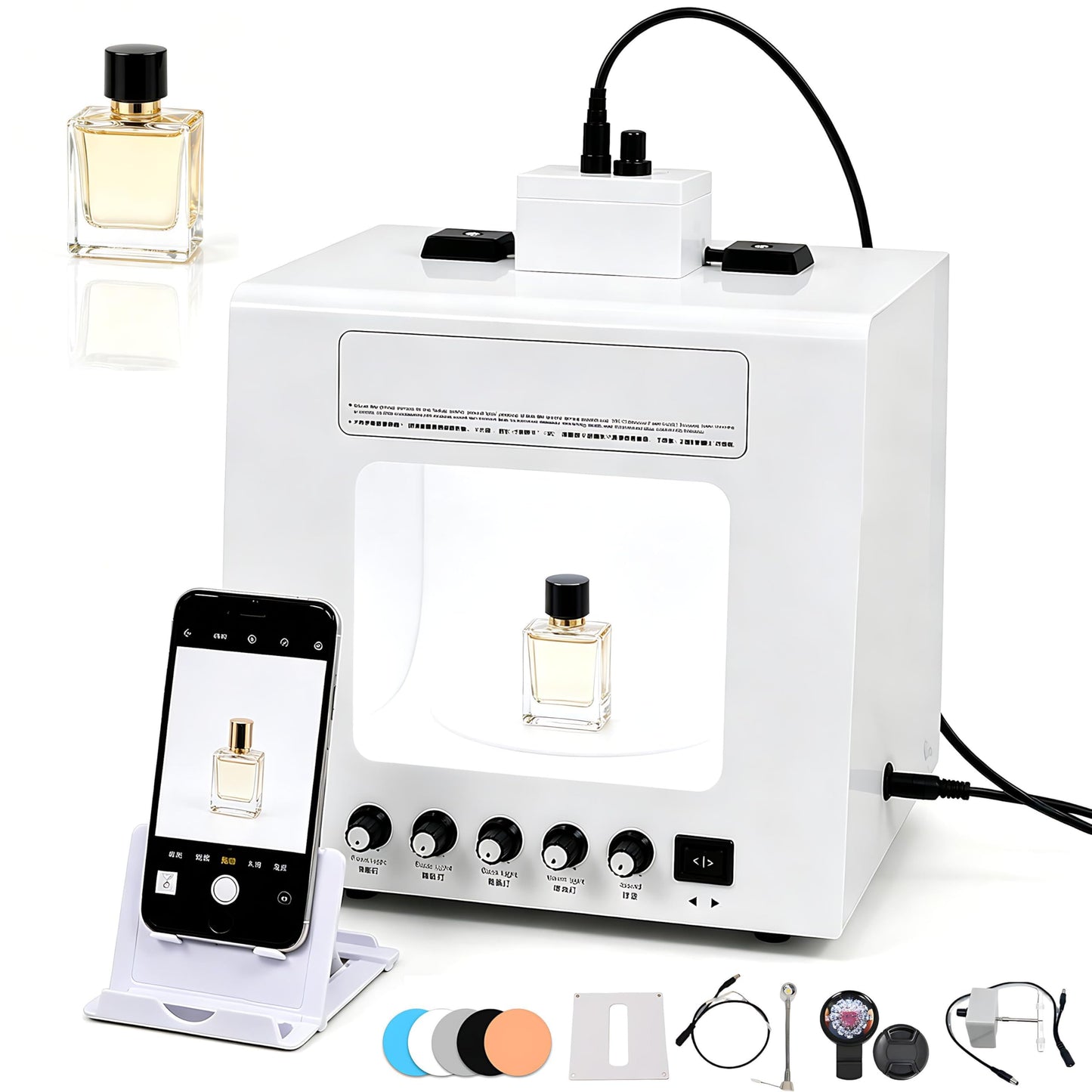 QIUNAOZI Professional Jewelry Photography Light Box Kit. Jewelry Photo Light Box, 4pcs Fill Lights, with 360° Electric Rotating Feature, Support Jewelry Hanging or Placing White-TB30