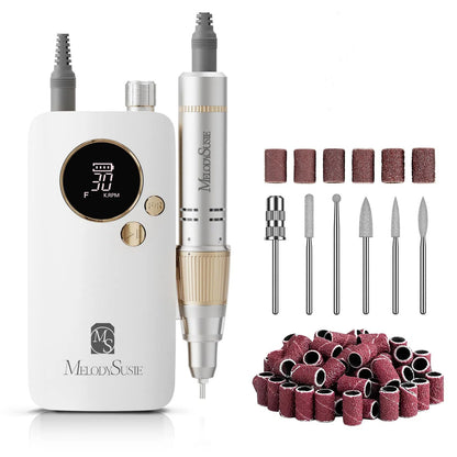 MelodySusie Portable Nail Drill 30000 RPM,SC320F Professional Rechargeable Electric Nail File,Cordless Nail E File for Acrylic Nails Gel Polishing Removing,Efile Nail Kit for Manicure Salon Home,White