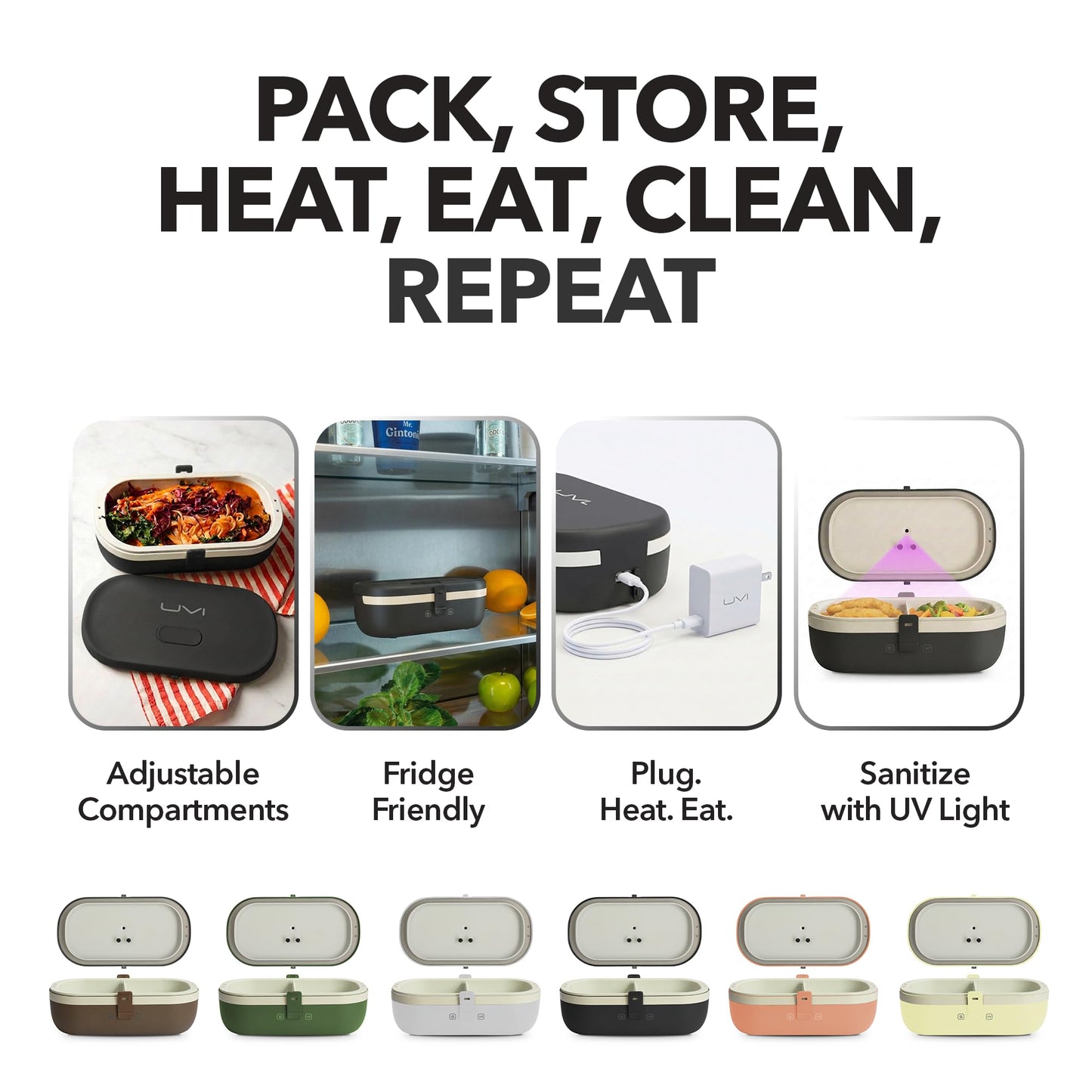 UVI, Self Sanitizing Electric Lunch Box for Adults, Portable Food Warmer for Work & Travel, Portable Heated Lunch Box for Men & Women (Charging Box Not Included)