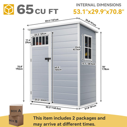 DWVO 5x3FT Outdoor Storage Shed with Fence-Style and Side Windows, Floor & Lockable Doors, Plastic Storage Shed for Backyard and Garden, Gray