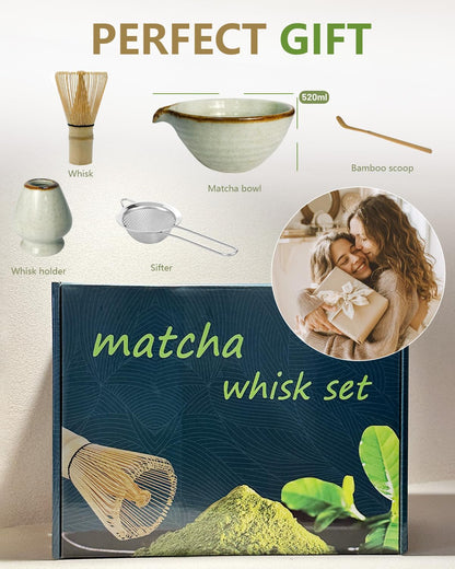 Taruzil Matcha Whisk Set with Matcha Bowl, Matcha Bamboo Whisk, Scoop, Sifter, Matcha Whisk Holder Unique Gifts for Women Mom Her Girl Friend Home Kitchen Decor Gifts for Christmas, Birthday