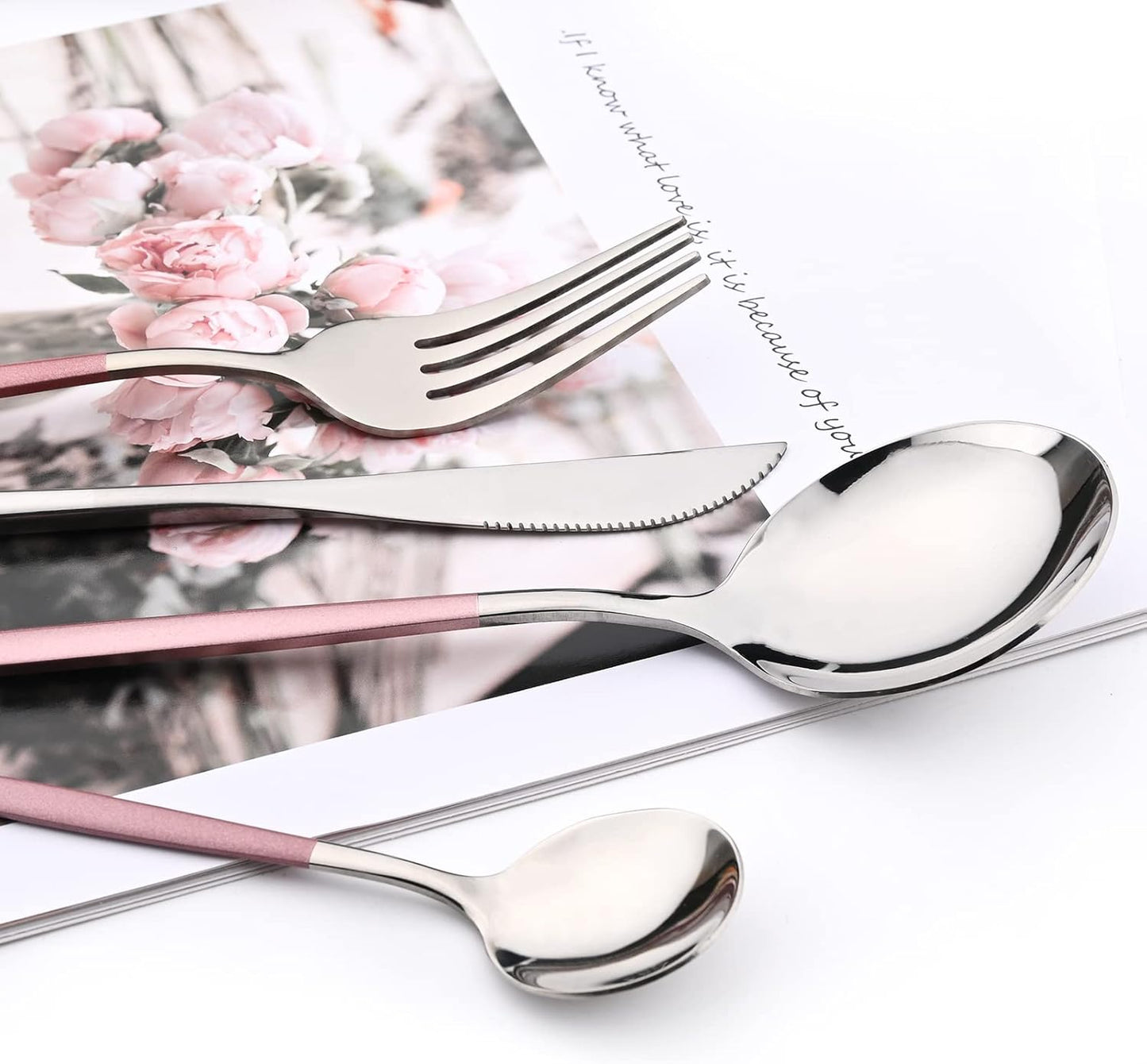 Mirror Cutlery Serving Set, 24-Piece Stainless Steel Silverware with Pink Handle, Modern Tableware for Home Party