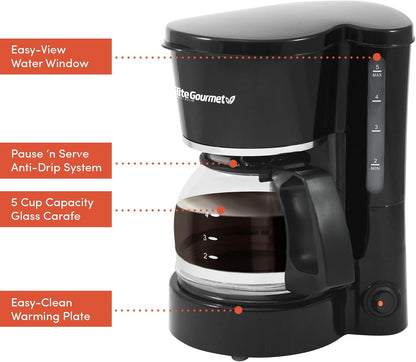 Elite Gourmet EHC-5055# Automatic Brew & Drip Coffee Maker, Black, with Reusable Filter & Water Level Indicator