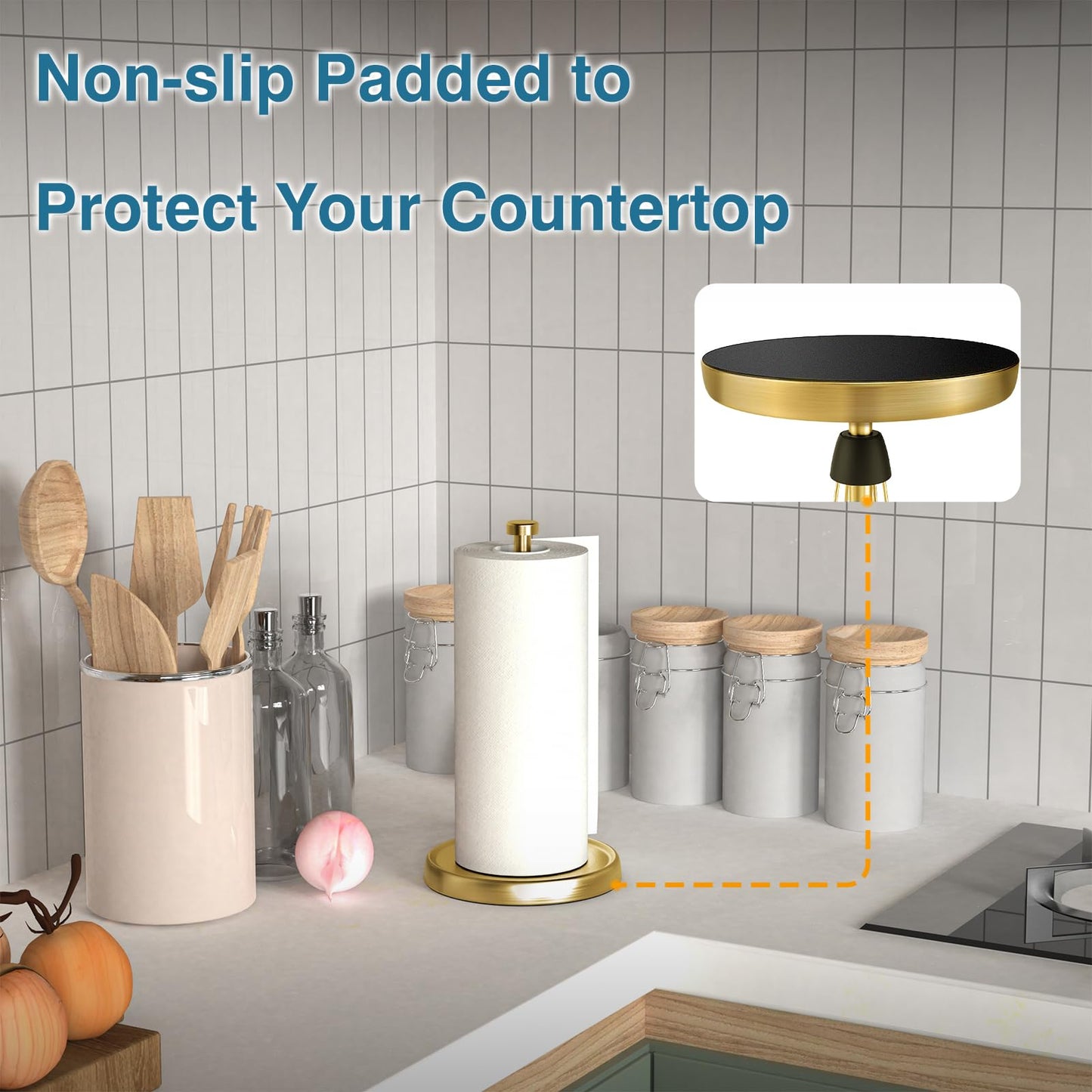 Paper Towel Holder Countertop, Gold Kitchen Accessories Decor, Stainless Steel, Weighted Base, Gold, Paper Towel Roll Holder Stand with Ratchet Mechanism for Kitchen Bathroom Farmhouse Essentials