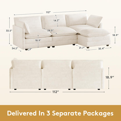 ROWHY 112'' Oversized Modular Sectional Cloud Couch with Movable Ottoman, 4 Seat Modern Corduroy Sofa, Deep Seat L Shaped Couch for Living Room Bedroom Apartment, Cream