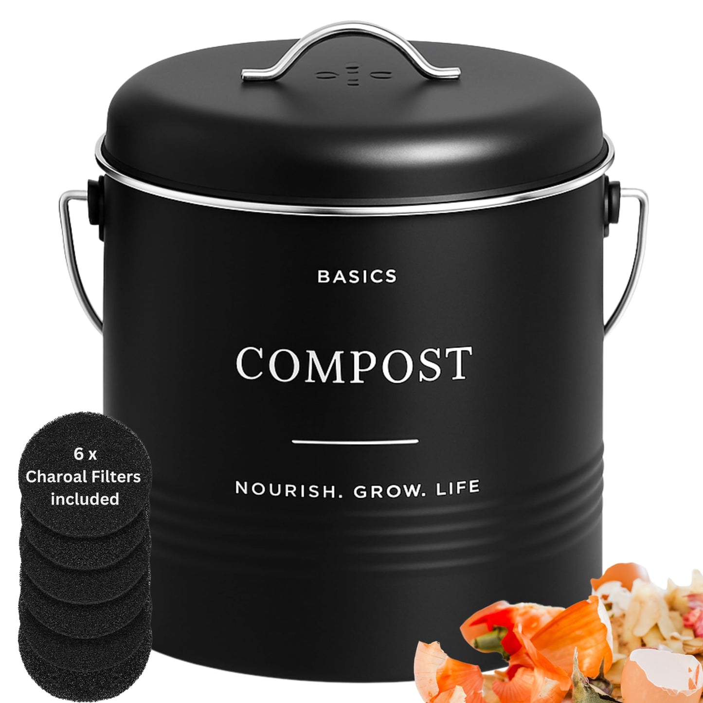 D'Lifeful Kitchen Compost Bin – 1.3 Gallon Countertop Farmhouse Compost Container with Lid – Odorless Indoor Food Scrap Pail with 6 Charcoal Filters – Eco-Conscious and Easy to Clean (Black)
