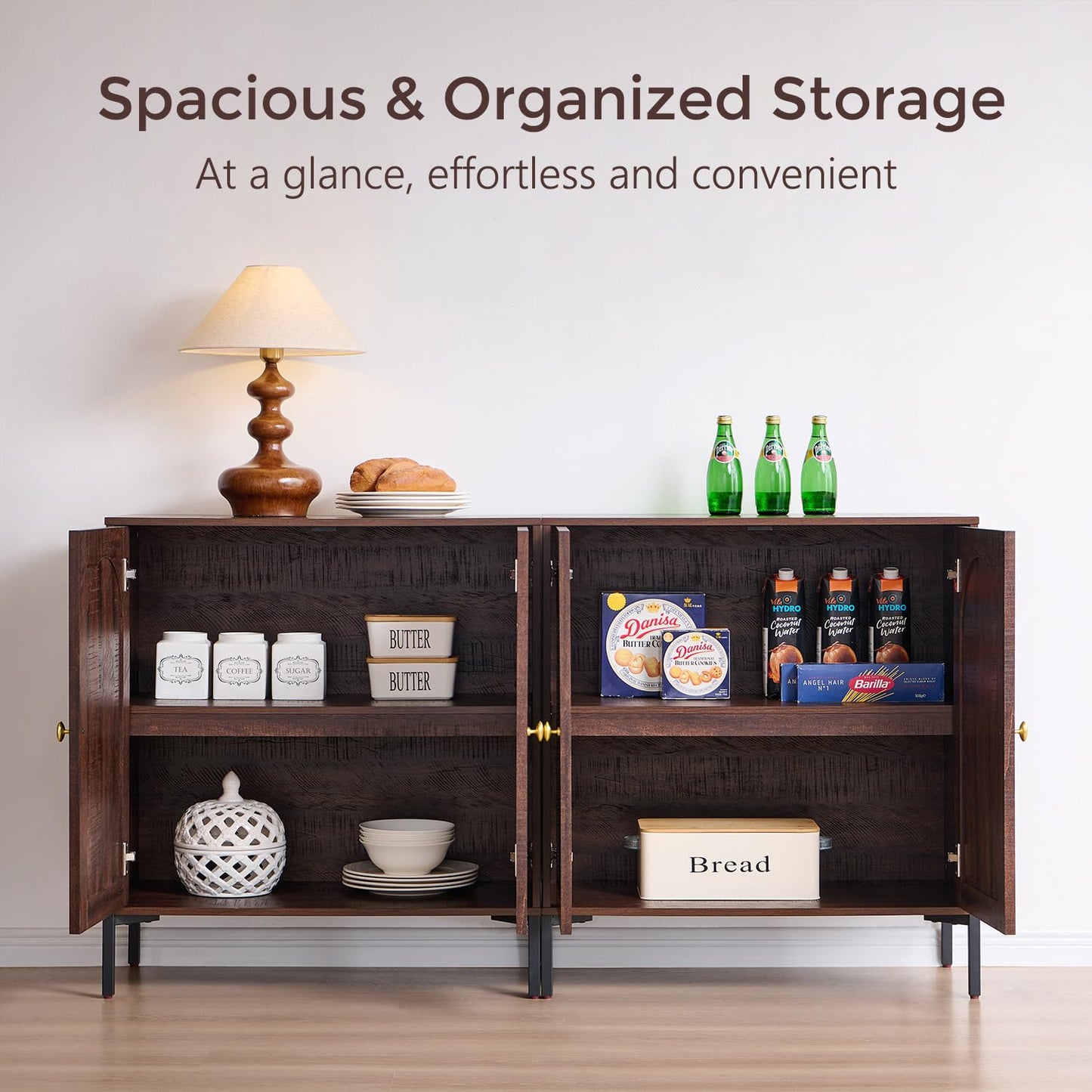 IFGET Modern Buffet Cabinet with Storage, 92.63" W Fluted Arched Sideboard Cabinet w/Adjustable Shelves, Wooden Modular Coffee Bar for Dining Room, Kitchen, Living Room, Entryway, Brown