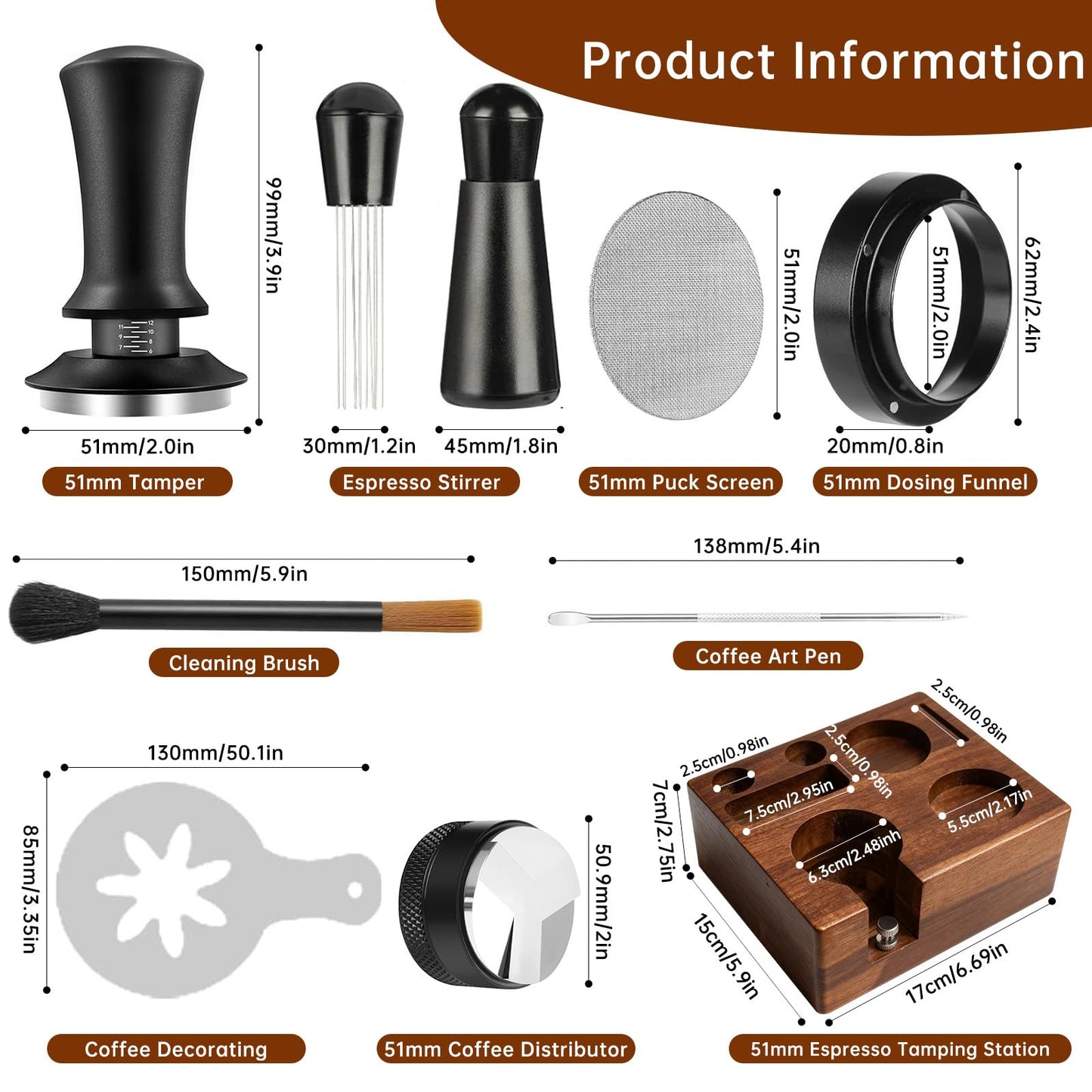 YAQUHO 9 Pcs Espresso Accessories Kit, 51mm Espresso Tamper Tools, with Wooden Espresso Tamping Station, Distributor, Stirrer, Dosing Funnel,Puck Screen, Brush, Latte Art Pen and Decorative Stencils