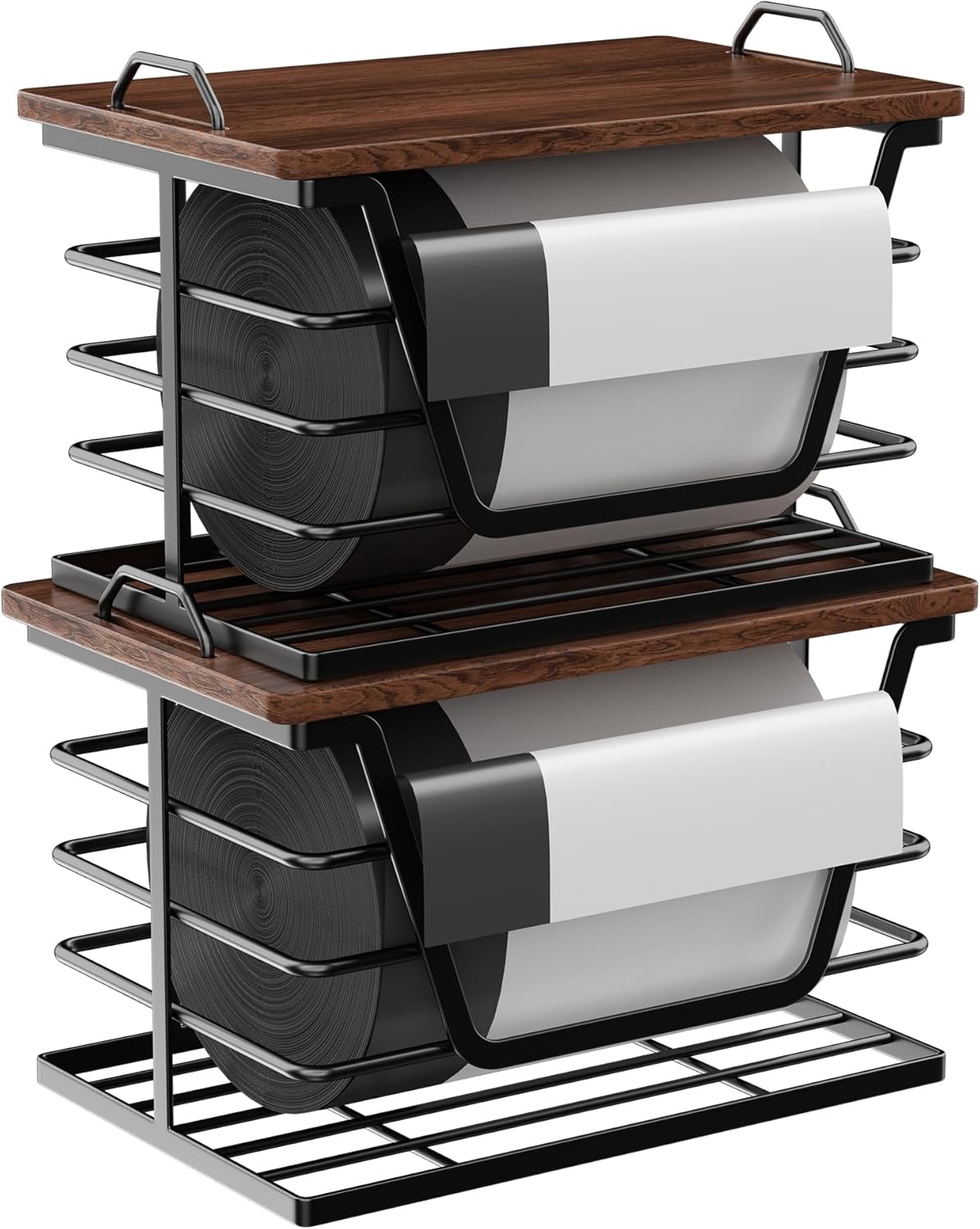 2 Pack Countertop Stackable Trash Bag Holders with Wood Top, Large & Small Garbage Bag Dispenser for Kitchen, Pantry