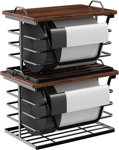 2 Pack Countertop Stackable Trash Bag Holders with Wood Top, Large & Small Garbage Bag Dispenser for Kitchen, Pantry