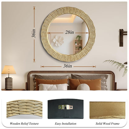 WAMIRRO Gold Round Wood Mirror, 36 Inch Hand Carved Solid Wood Frame Circle Mirror for Wall Mount, Farmhouse Boho Decor for Living Room, Bathroom, Bedroom, Hallway & Entryway