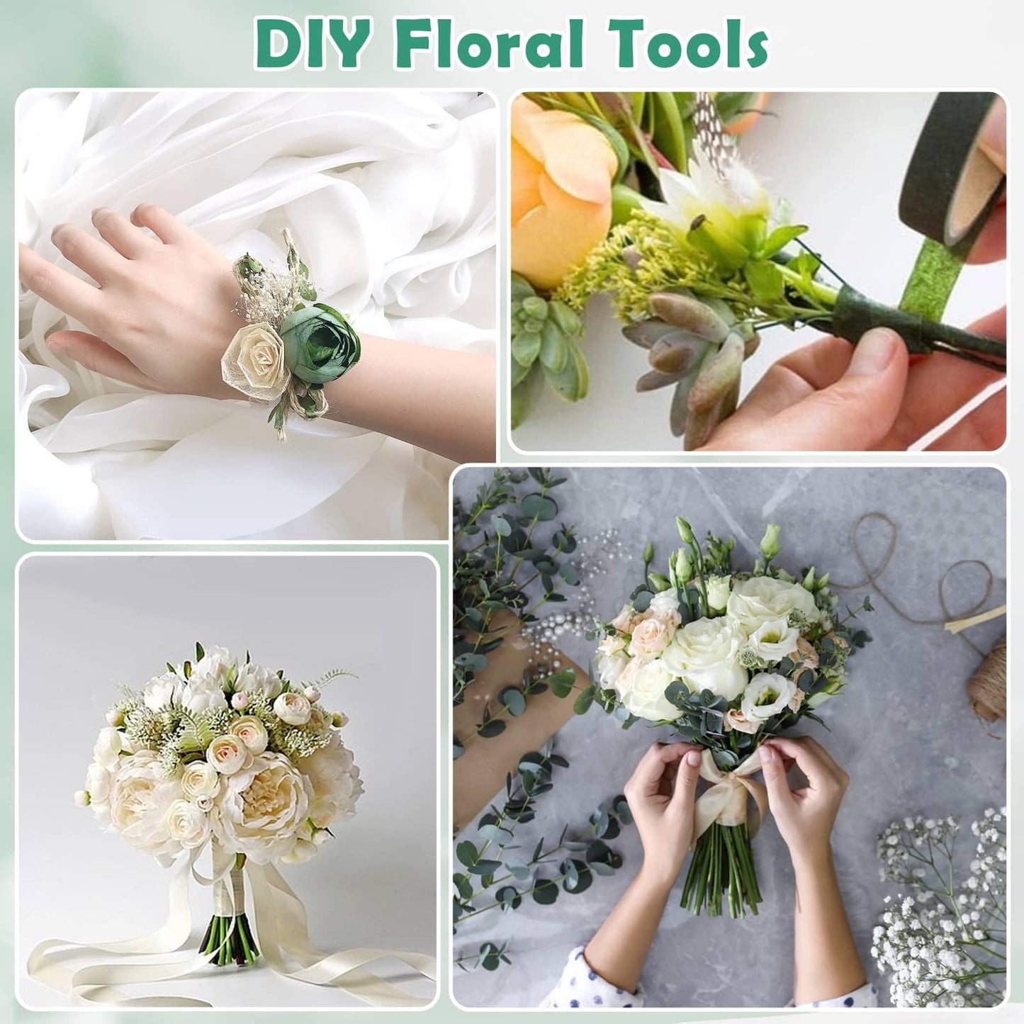Paxcoo Floral Tape and Floral Wire Arrangement Tool Kit with Green Tape, Floral Wire, Boutonniere Flower pin, Cutter, White Ribbon and Elastic Pearl Wrist Corsage Bands for Bouquets