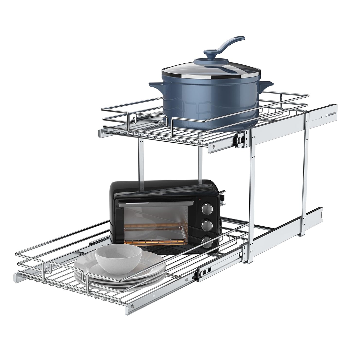 2 Tier Pull Out Cabinet Organizer, 17" W x 21" D Heavy-Duty Metal Sliding Drawer Shelf for Kitchen Cabinets, Chrome, Doesn't Include Door Fittings