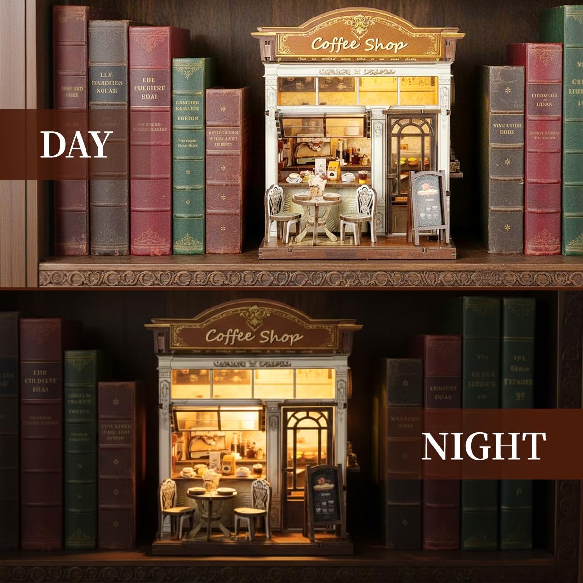 HYXBXSS Book Nook Kit, DIY Miniature House Dollhouse Kit for Adults and Teens, Booknook Tiny House Bookshelf Decor with LED, Coffee Shop Building Kit 3D Wooden Puzzles, Gifts for Family and Friends