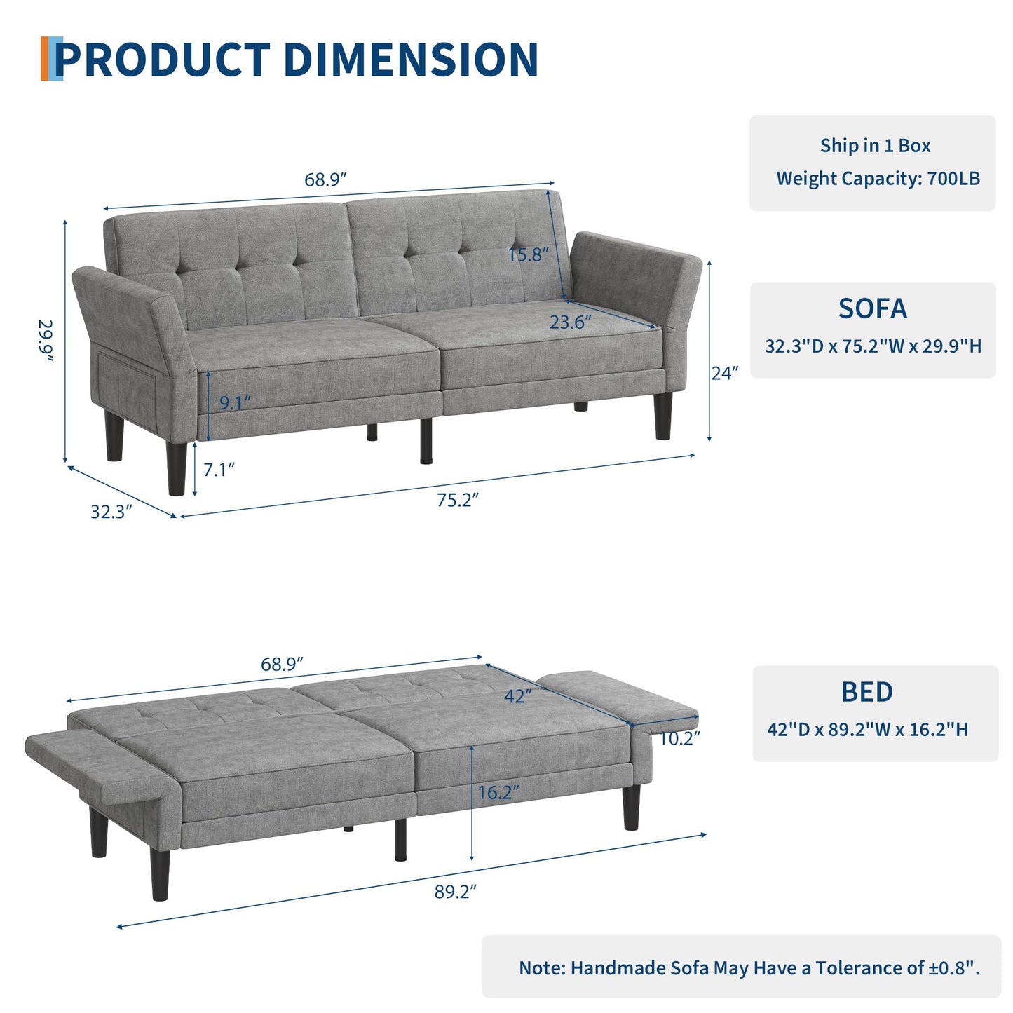 Garvee 89" Futon Sofa Bed, Modern Futon Couch Bed with Adjustable Backrest & Armrest, Comfy Convertible Sleeper Couch for Living Room Bedroom Apartment, Grey