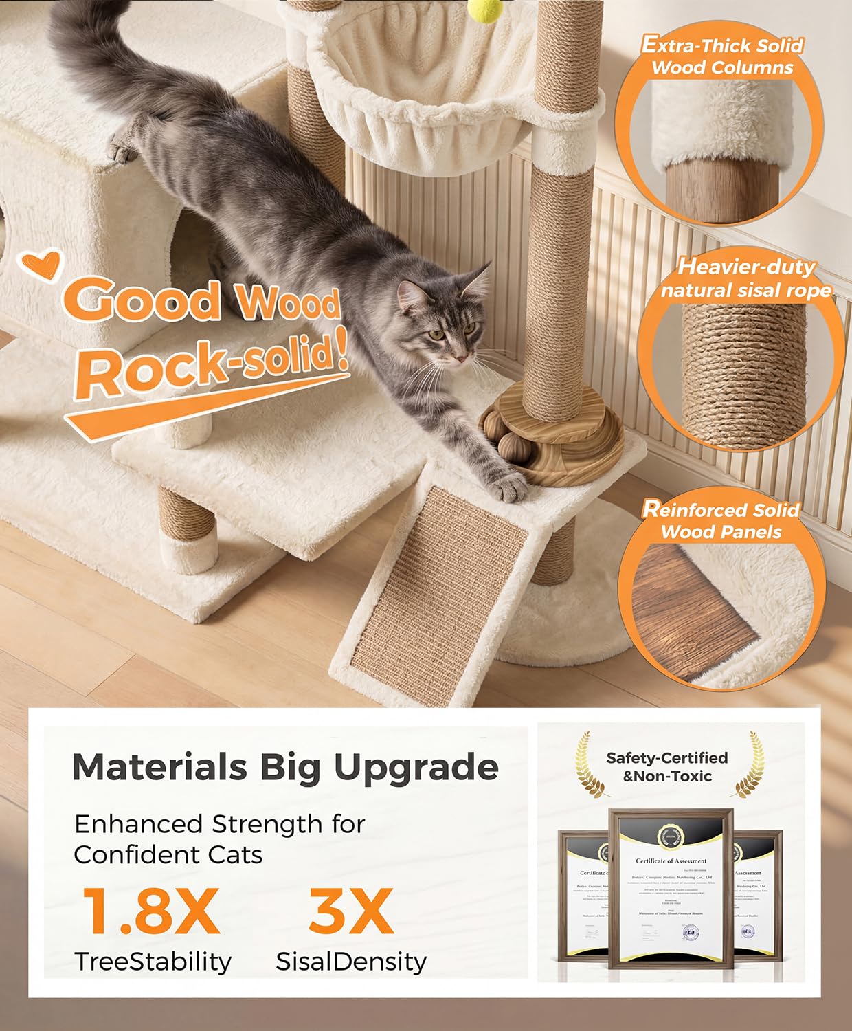 Catlike【Rock-Solid Real Wood】 76“ Tall Cat Tree for Large Cats, No Wobble Even at the Top, Extra-Large Condos for Maine Coons & Big Cats, Indoor Cat Tower with Scratching Posts, Perches & Hammmock