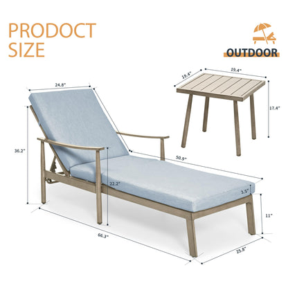 HAPPATIO Outdoor Chaise Lounge Set of 2, Aluminum Pool Lounge Chair with Adjustable Backrest, Cushion, Curved Armrest, and Side Table, Outdoor Lounge Chair for Beach, Yard, or Poolside (Brown)